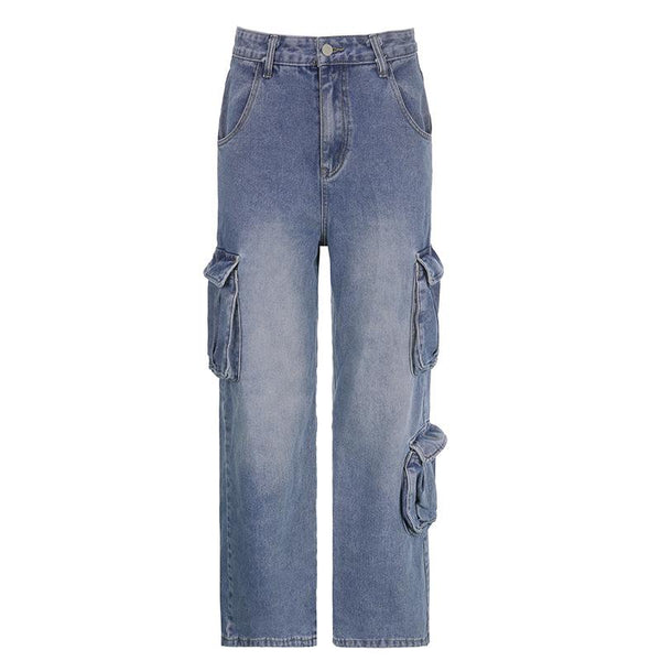 Botón de bolsillo de carga de tiro alto jeans de pierna recta grunge 90s Streetwear Desaliñado Chic Moda grunge 90s Streetwear Moda afligida 