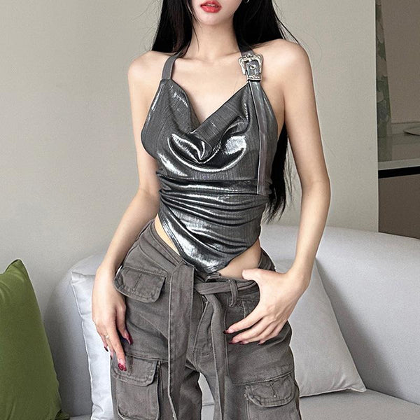 Metallic cowl neck buckle halter ruched backless top