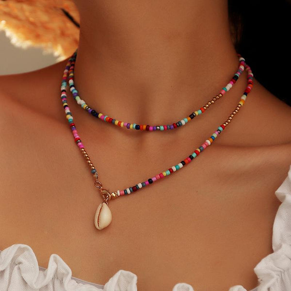 Multicolor shell pendant clay beaded layered necklace