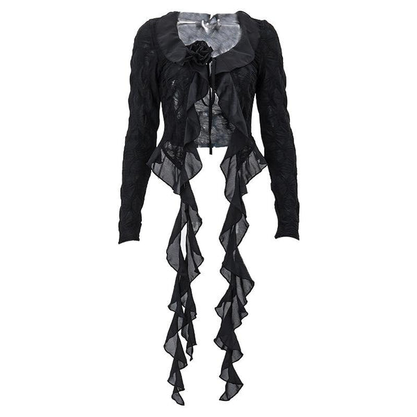 Textured long sleeve ruffle self tie solid crop top y2k 90s Revival Techno Fashion