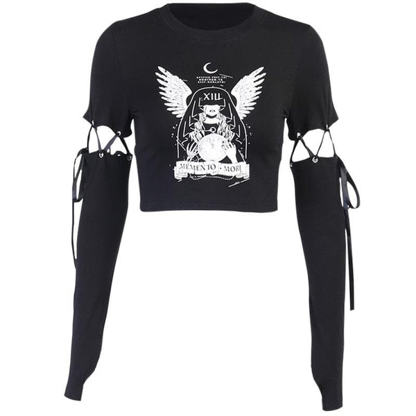 Round neck short sleeve removable gloves graphic top goth Alternative Darkwave Fashion goth Emo Darkwave Fashion