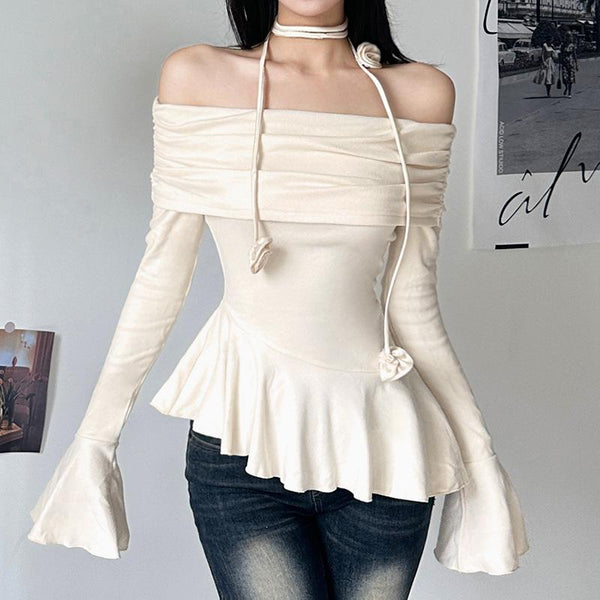 Off shoulder ruffle flower applique long flared sleeve ruched top