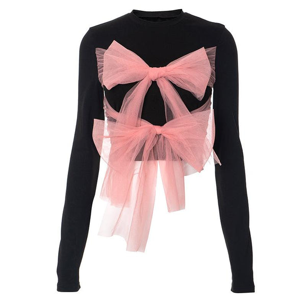 Long sleeve crewneck bowknot mesh contrast top