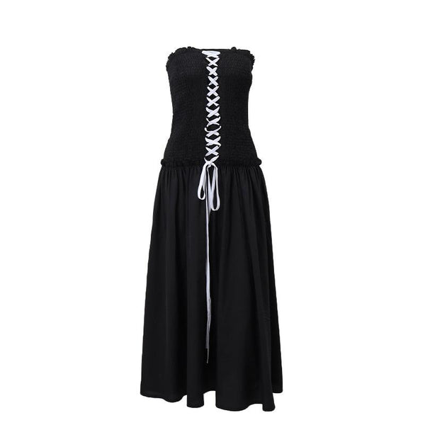 Smocked ruffle ruched lace up backless tube midi dress