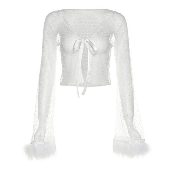 Long sleeve v neck sheer mesh polka dot fluffy tie front top fairycore Ethereal Fashion