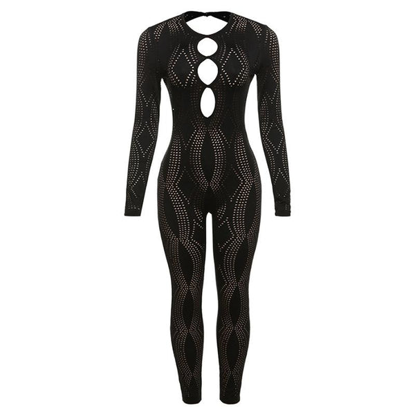 Fishnet hollow out solid long sleeve button backless jumpsuit