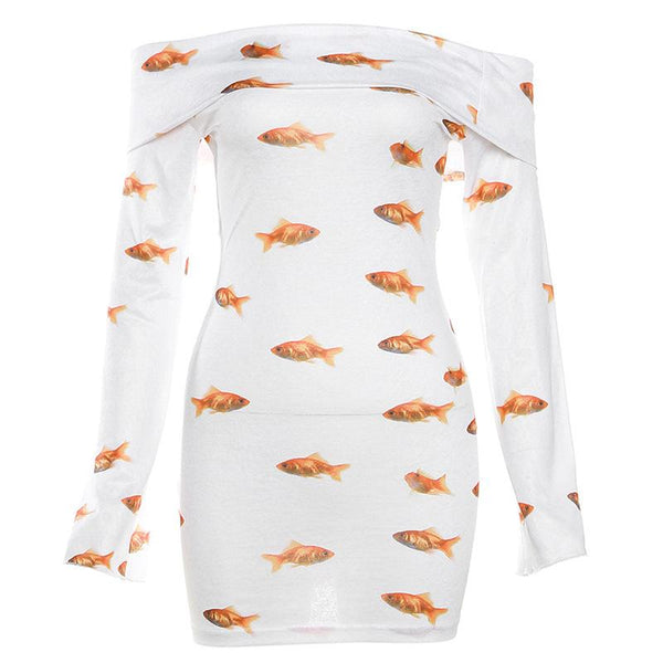 Goldfish print off shoulder long sleeve mini dress