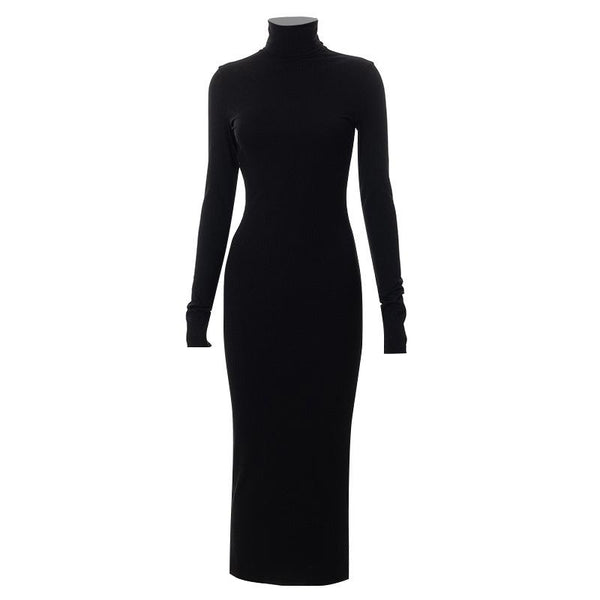 Ribbed solid long sleeve high neck midi dress