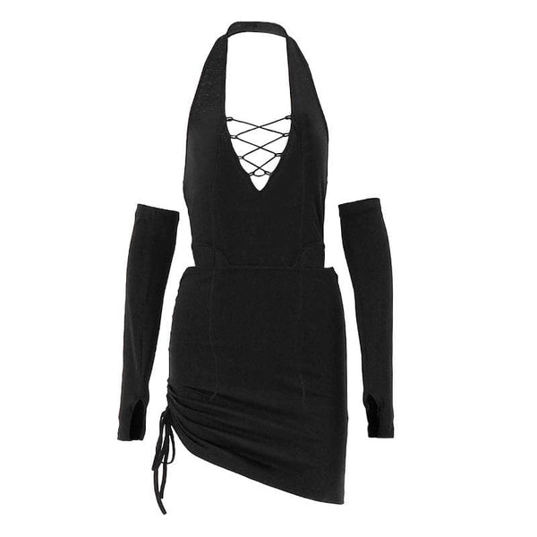 Halter lace up gloves drawstring hollow out mini dress