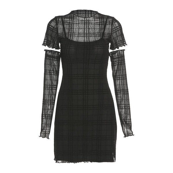 Ruffled mesh plaid long sleeve dress - Halibuy