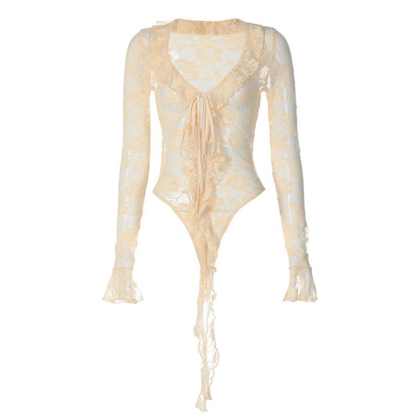 Long flared sleeve ruffle see through lace bodysuit