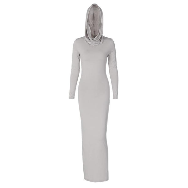 Hoodie solid long sleeve cowl neck slit maxi dress