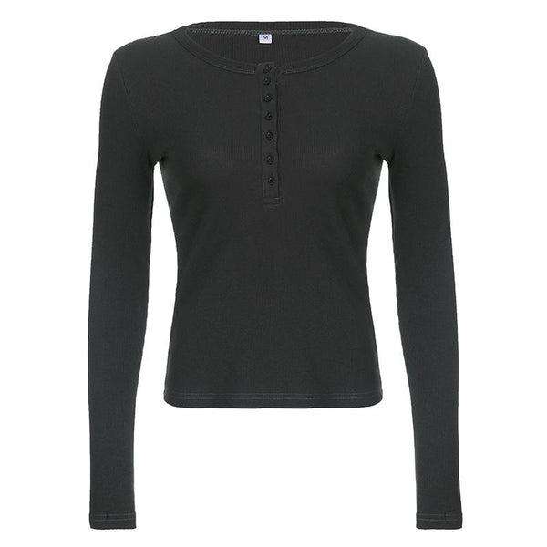 Ribbed solid long sleeve button crewneck top
