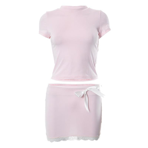 Lace hem bowknot short sleeve high neck mini skirt set y2k 90s Revival Techno Fashion