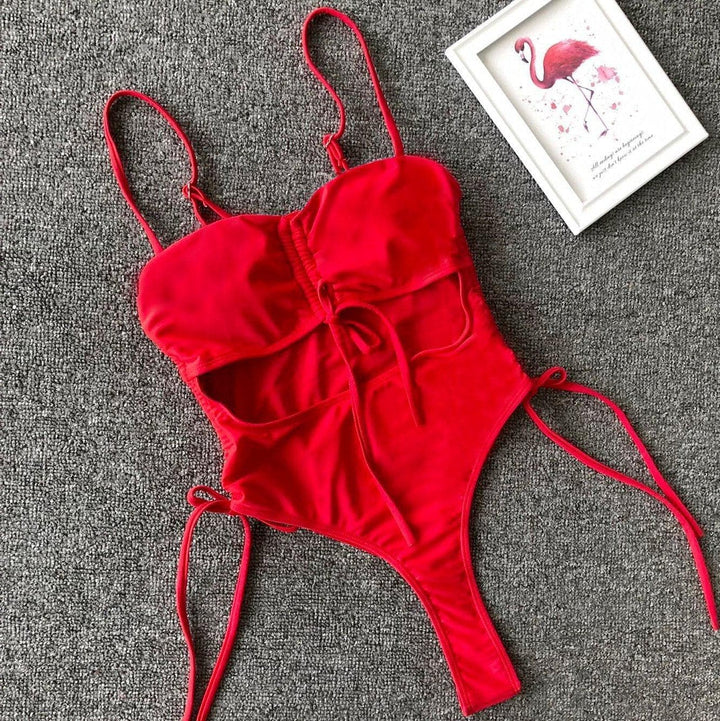 Hollow out drawstring one piece swimwear bikini - Halibuy