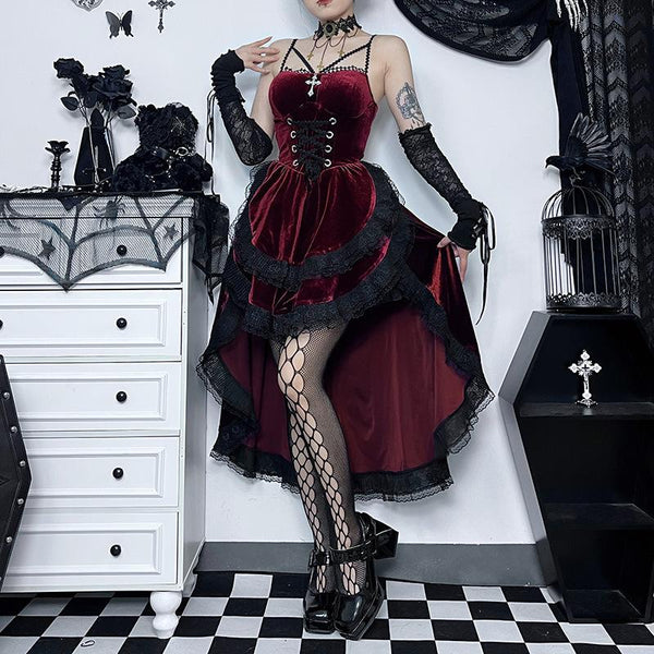Vestido midi irregular con cordones y dobladillo de encaje de terciopelo gótico Moda Darkwave alternativa moda gótica victoriana gótica Moda Darkwave emo 