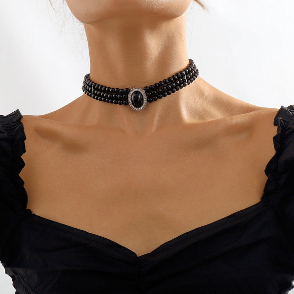 Pearl beaded layered choker necklace