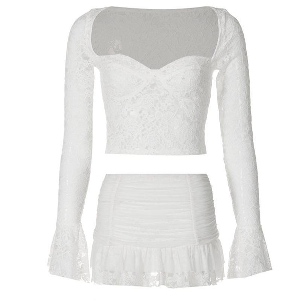 Long flared sleeve ruched lace sweetheart neck solid mini skirt set