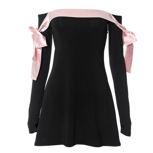 Bowknot contrast gloves long sleeve 3-way off shoulder mini dress