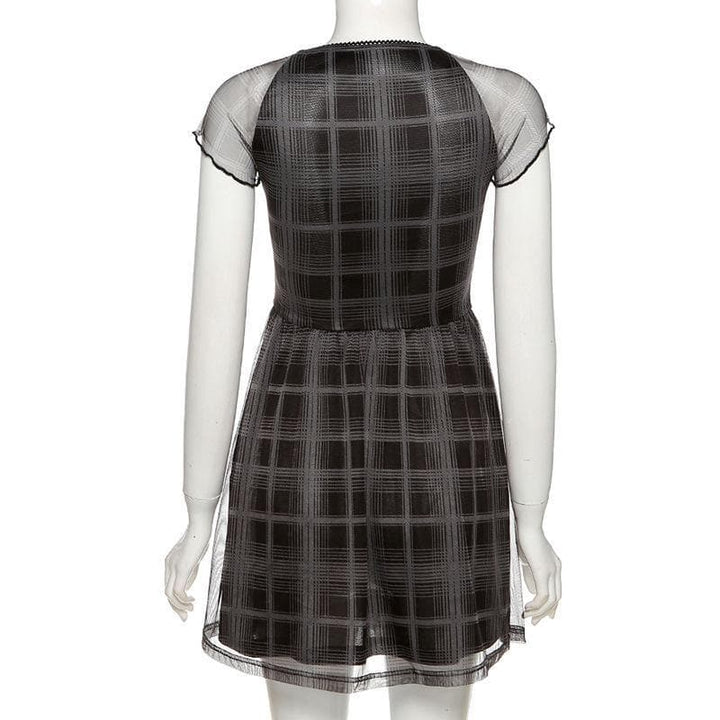 Mesh short sleeve plaid A line ruffled dress - Halibuy