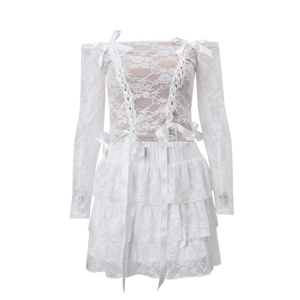 Long sleeve off shoulder bowknot ribbon lace up ruched mini skirt set