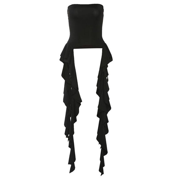 Ruffle ribbon backless solid sleeveless tube crop top goth Alternative Darkwave Fashion goth Emo Darkwave Fashion