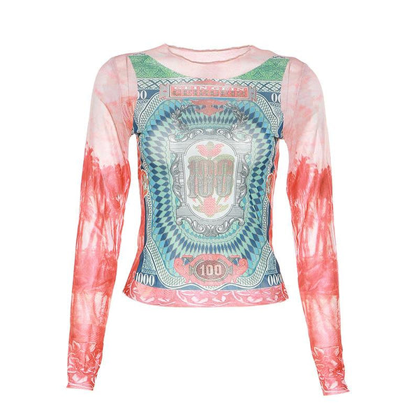 Long sleeve crewneck contrast abstract mesh top y2k 90s Revival Techno Fashion