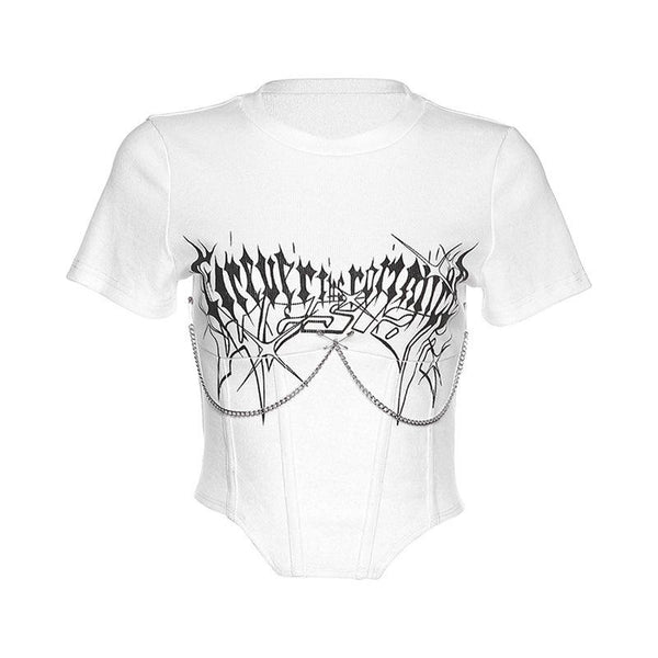Abstract print metal chain short sleeve crop top goth Alternative Darkwave Fashion goth Emo Darkwave Fashion