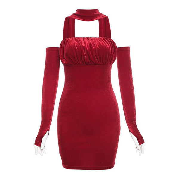 Velvet solid ruched gloves halter mini dress