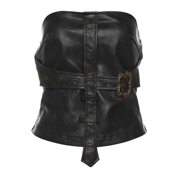 Buckle PU leather zip-up backless tube crop top