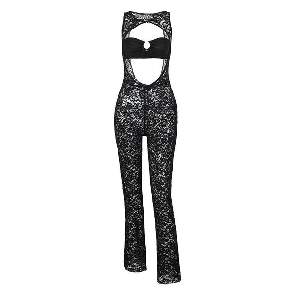 Hollow out lace solid sleeveless o ring tube jumpsuit goth Emo Darkwave Fashion