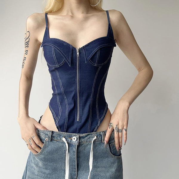 Denim zip-up backless v neck stitch cami bodysuit goth Alternative Darkwave Fashion goth Emo Darkwave Fashion