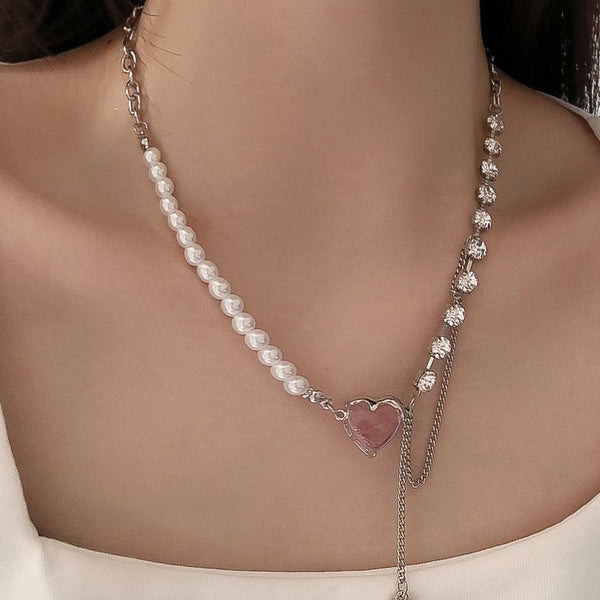 Faux pearl pink heart stone pendant rhinestone layered necklace