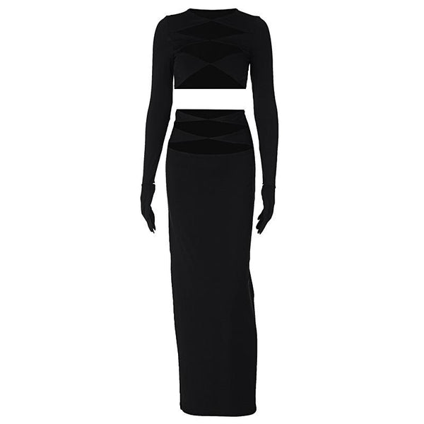 Long sleeve crewneck gloves hollow out solid maxi skirt set