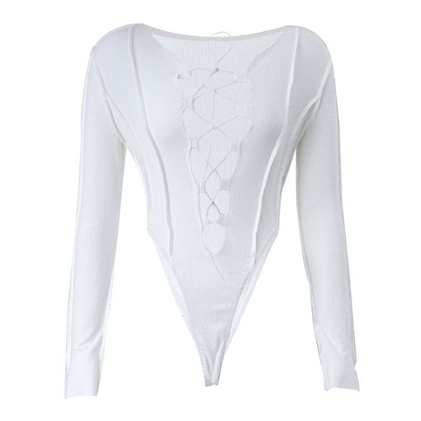 Hollow out solid long sleeve button lace up bodysuit y2k 90s Revival Techno Fashion