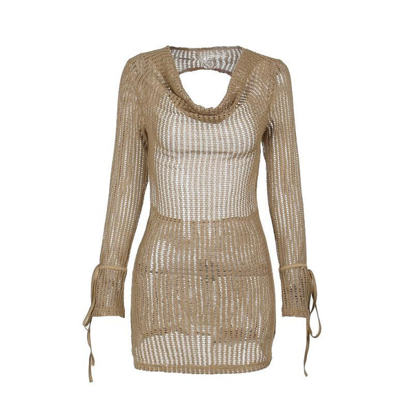 Crochet see through cowl neck long sleeve hollow out mini dress