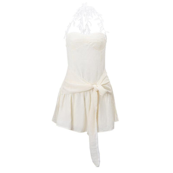 Halter sweetheart neck chiffon ruched bowknot zip-up mini dress