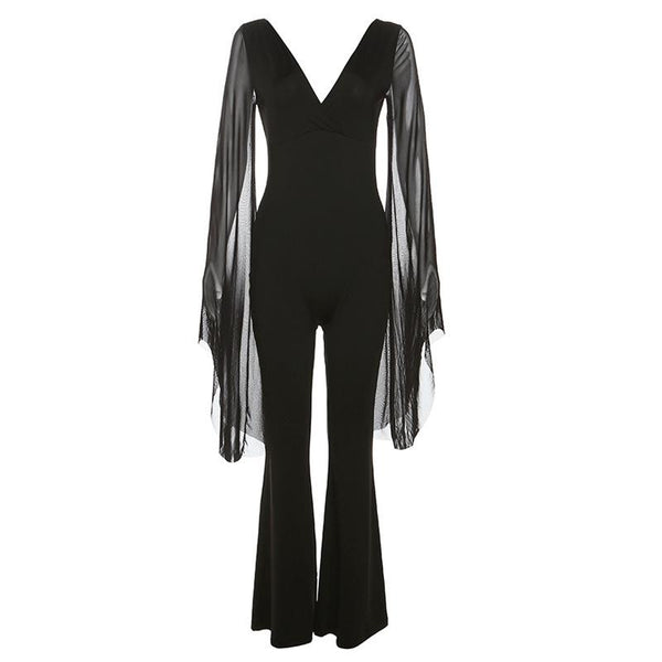 Mesh long flared sleeve v neck solid backless jumpsuit