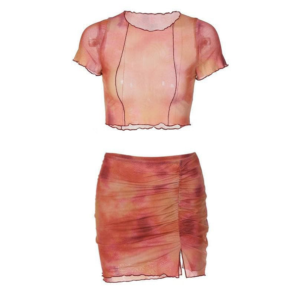 Ruffled sheer mesh print short sleeve skirt set - Halibuy