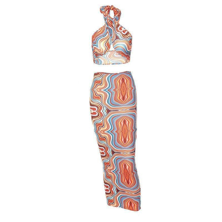 Printed cross halter backless skirt set - Halibuy