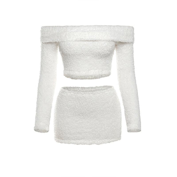 Fluffy solid off shoulder long sleeve mini skirt set