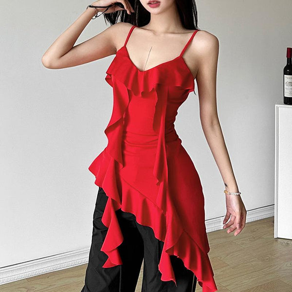 V neck irregular solid ruffle ruched cami top