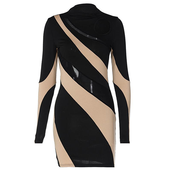 Long sleeve mesh contrast patchwork hollow out mini dress