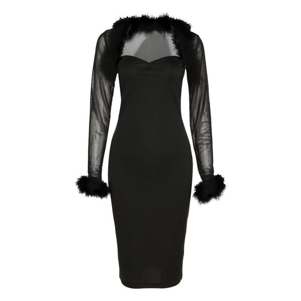Feather solid mesh long sleeve 2 piece tube midi dress