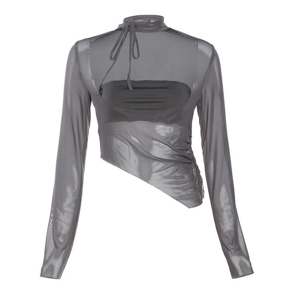 Long sleeve solid mesh irregular halter crop top y2k 90s Revival Techno Fashion
