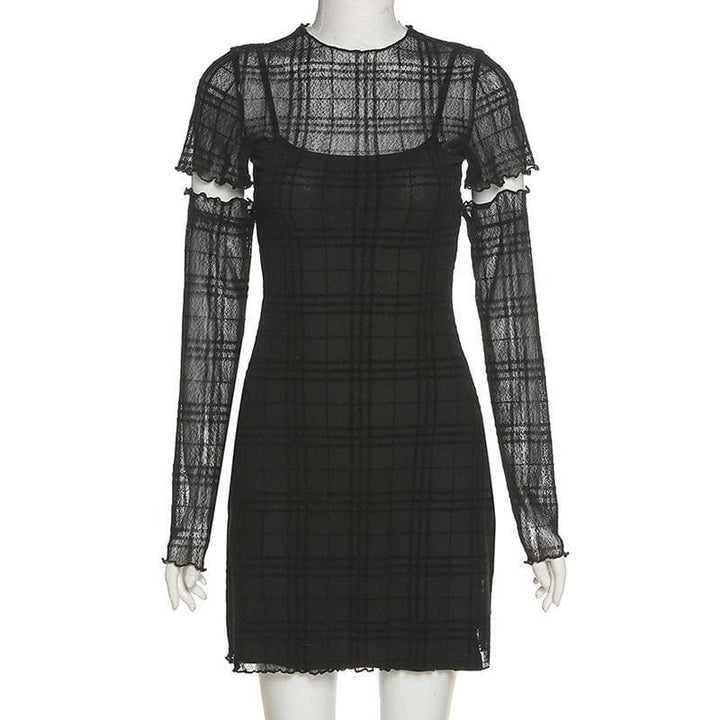 Ruffled mesh plaid long sleeve dress - Halibuy