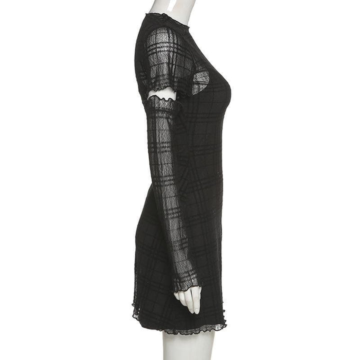 Ruffled mesh plaid long sleeve dress - Halibuy