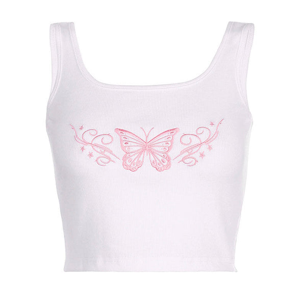 Butterfly embroidery u neck sleeveless ribbed crop top y2k 90s Revival Techno Fashion